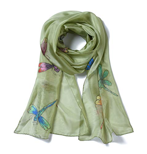 Invisible World Pañuelo Cabeza de Seda Foulard de Pelo Ligera Pintado a Mano para Mujer Libélula Verde Gris