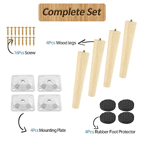 Iraza 4 patas de madera maciza cónicas de repuesto para muebles con placas de montaje y tornillos para sofá, cama, armario, silla, (patas inclinadas, 20 cm)
