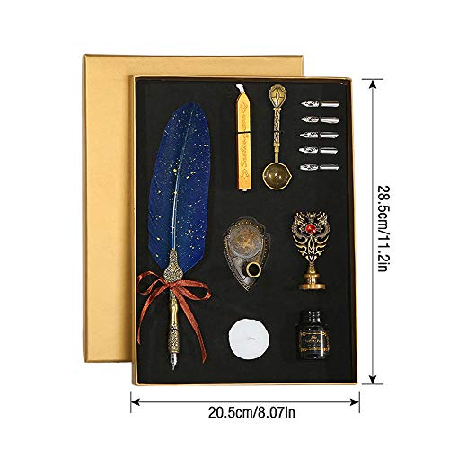 IWILCS Quill Pen, Juego de bolígrafos de pluma de inmersión, Antigua hecho a mano juego de pluma y tinta retro pluma de caligrafía de repuesto (botella vacía, sin tinta) - azul