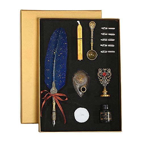 IWILCS Quill Pen, Juego de bolígrafos de pluma de inmersión, Antigua hecho a mano juego de pluma y tinta retro pluma de caligrafía de repuesto (botella vacía, sin tinta) - azul