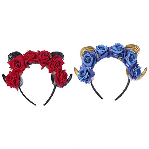Ixkbiced Halloween Gothic Ox Sheep Horns Headband Artificial Velvet Rose Flower Hair Hoop
