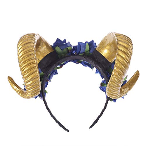Ixkbiced Halloween Gothic Ox Sheep Horns Headband Artificial Velvet Rose Flower Hair Hoop