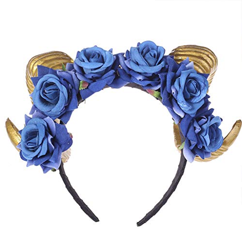 Ixkbiced Halloween Gothic Ox Sheep Horns Headband Artificial Velvet Rose Flower Hair Hoop