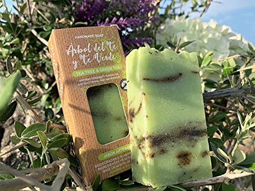 Jabón Natural de Arbol de Té - Jabon de Manos, Cuerpo, y Cara Antibacteriano y Fungicida, Pastilla Sólida Ecológica y Artesanal, Fabricado en España, Vegano y Sin Aceite de Palma (100 g)