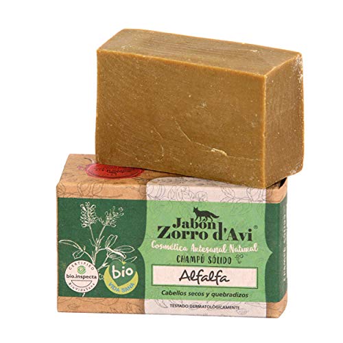 Jabón Zorro D’Avi | Champú Sólido de Alfalfa | 120 gr | Pelo frágil y dañado | Champú Sólido Zero Waste | Cierra puntas abiertas | Fabricado en España