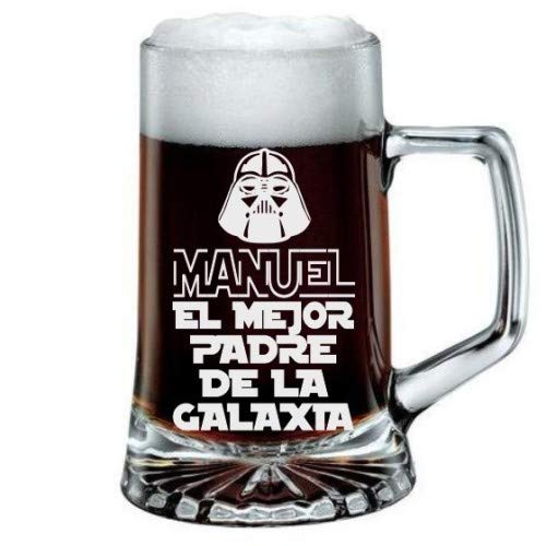Jarra de Cerveza Personalizada Día del Padre, MEJOR PADRE DE LA GALAXIA Regalo Grabado y Personalizado para Hombre o Mujer Obsequio para Celebraciones, Cumpleaños, Aniversarios, Día del Padre