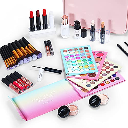 JasCherry Juego de maquillaje para Mujer, 33 Piezas Set de Maquillaje Profesional con Bolsa de Viaje Rosa Portátil -Kit de Cosméticos Todo en Uno Completo Con Sombras de ojos Lápiz Labial Ocultador