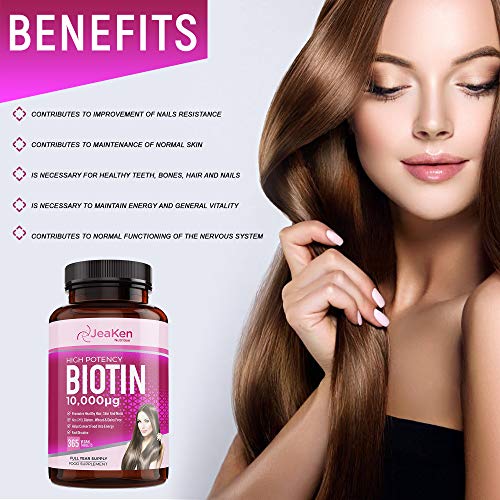 JeaKen - TABLETAS DE BIOTINA 10,000mcg - Piel - Vitaminas para el cabello y las uñas - Apoya el crecimiento normal de la piel y el cabello para hombres y mujeres - 365 tabletas de biotina vegana