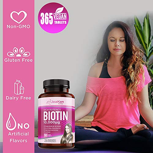JeaKen - TABLETAS DE BIOTINA 10,000mcg - Piel - Vitaminas para el cabello y las uñas - Apoya el crecimiento normal de la piel y el cabello para hombres y mujeres - 365 tabletas de biotina vegana