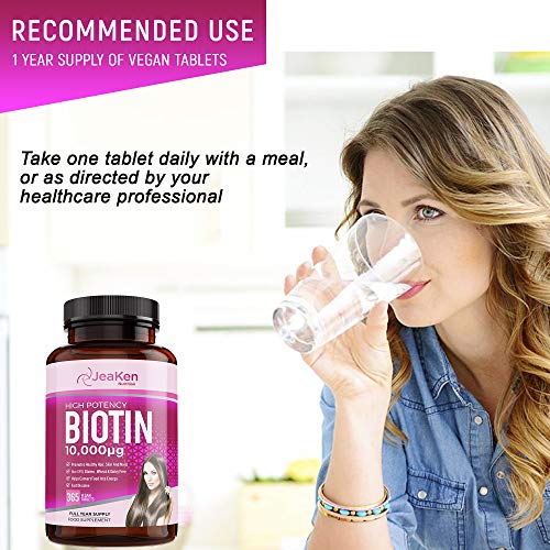 JeaKen - TABLETAS DE BIOTINA 10,000mcg - Piel - Vitaminas para el cabello y las uñas - Apoya el crecimiento normal de la piel y el cabello para hombres y mujeres - 365 tabletas de biotina vegana