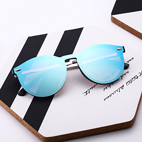 JIM HALO Gafas de Sol de Espejo Sin Marco Reflexivo Una Pieza Redondas Anteojos Para Hombre Mujer(Negro/Azul Espejo)