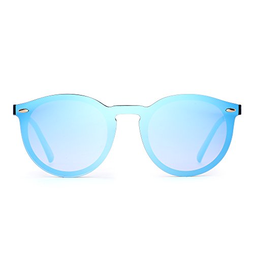 JIM HALO Gafas de Sol de Espejo Sin Marco Reflexivo Una Pieza Redondas Anteojos Para Hombre Mujer(Negro/Azul Espejo)