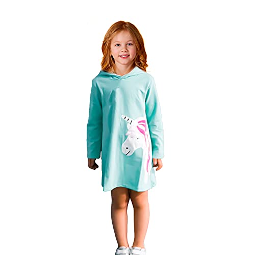 JinBei Niñas Vestidos con Capucha Unicornio Lentejuelas Largo Túnica Pullover Tops Manga Larga Algodón Suéter Casual Verde Otoño Sudadera con Capucha 6-7 años