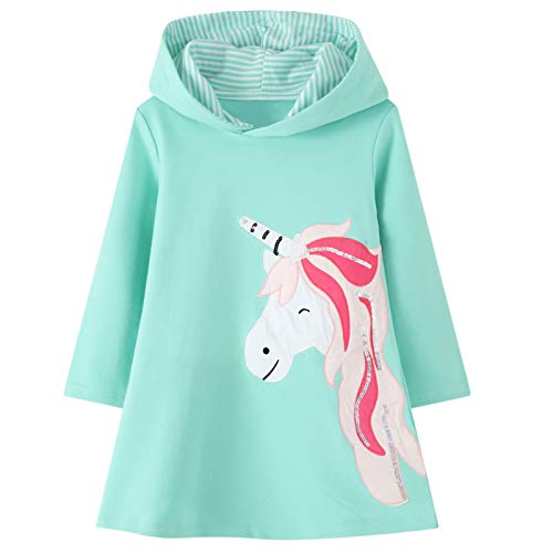 JinBei Niñas Vestidos con Capucha Unicornio Lentejuelas Largo Túnica Pullover Tops Manga Larga Algodón Suéter Casual Verde Otoño Sudadera con Capucha 6-7 años