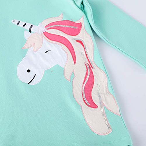JinBei Niñas Vestidos con Capucha Unicornio Lentejuelas Largo Túnica Pullover Tops Manga Larga Algodón Suéter Casual Verde Otoño Sudadera con Capucha 6-7 años