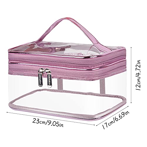 Jinlaili Neceser Maquillaje Transparente, 2 Capas Bolsa de Aseo Impermeable, Neceser Viaje para Maquillaje, Bolsa Cosméticos Portátil, Grande Organizador Maquillaje Neceser para Mujer Hombre (Rosa)