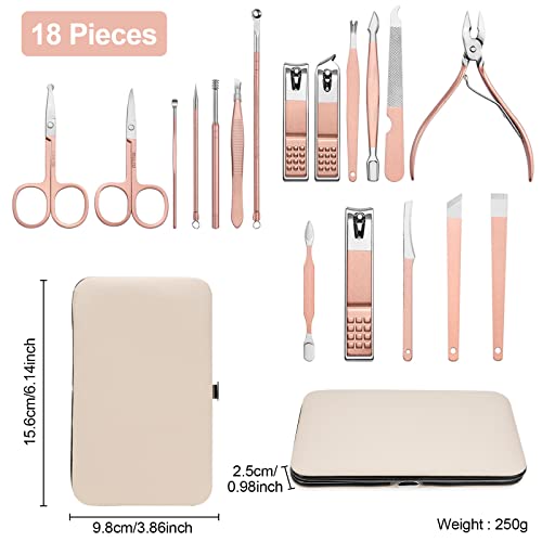 Jinsion - Set de manicura y pedicura de 18 piezas de acero inoxidable, set de manicura y pedicura, incluye bolsa de viaje de piel de lujo