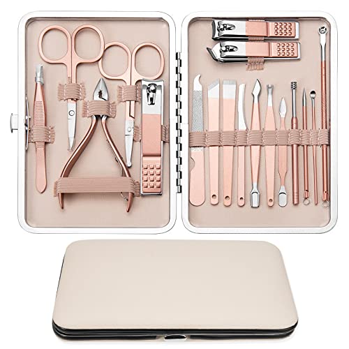 Jinsion - Set de manicura y pedicura de 18 piezas de acero inoxidable, set de manicura y pedicura, incluye bolsa de viaje de piel de lujo