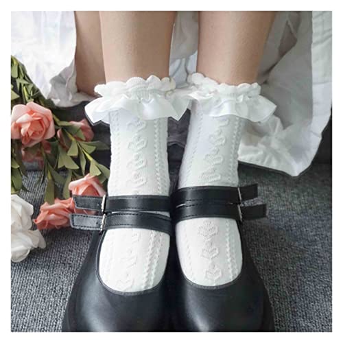 JJSNN Calcetines esponjosos Calcetines de Las Mujeres Calcetines de Encaje de corazón Dulce Chicas Algodón Calcetines Blancos Vestido Femenino Streetwear (Color : Black)