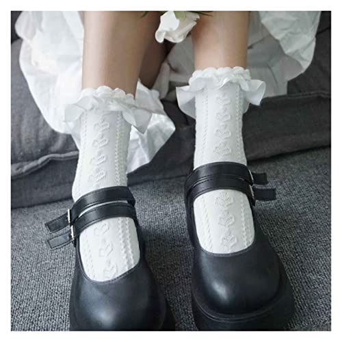 JJSNN Calcetines esponjosos Calcetines de Las Mujeres Calcetines de Encaje de corazón Dulce Chicas Algodón Calcetines Blancos Vestido Femenino Streetwear (Color : Black)