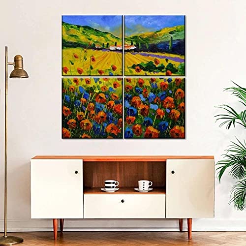 JKHKJ Paisaje Rojo De La Provenza Francia De Poppiesn Cuadro En Lienzo 4 Piezas Imagen Impresión,Pintura Decoración 4 Piezas Cuadro Moderno XXL,30X30Cm,Murales Pared Oficina Decor