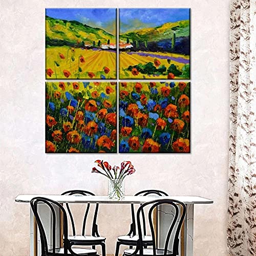 JKHKJ Paisaje Rojo De La Provenza Francia De Poppiesn Cuadro En Lienzo 4 Piezas Imagen Impresión,Pintura Decoración 4 Piezas Cuadro Moderno XXL,30X30Cm,Murales Pared Oficina Decor