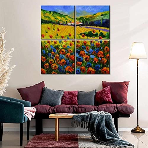 JKHKJ Paisaje Rojo De La Provenza Francia De Poppiesn Cuadro En Lienzo 4 Piezas Imagen Impresión,Pintura Decoración 4 Piezas Cuadro Moderno XXL,30X30Cm,Murales Pared Oficina Decor