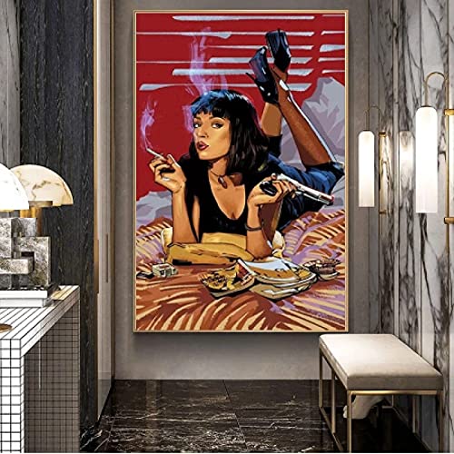 JLFDHR - Impresión sobre lienzo, 40 x 60 cm, sin marco, galería negra Mia Wallace Pulp Ficción película sobre pared, arte de foto para salón, decoración en casa
