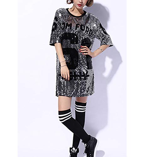 JLTPH Mujeres Lentejuelas Sueltas Casual Camiseta Patrón Digital Trajes de Discoteca Jazz Hip Hop Traje de Baile Callejero Equipo de Rendimiento Tops