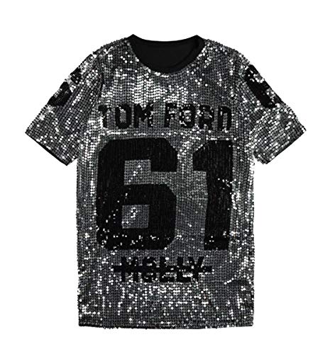 JLTPH Mujeres Lentejuelas Sueltas Casual Camiseta Patrón Digital Trajes de Discoteca Jazz Hip Hop Traje de Baile Callejero Equipo de Rendimiento Tops