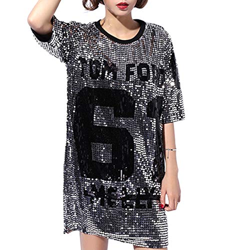 JLTPH Mujeres Lentejuelas Sueltas Casual Camiseta Patrón Digital Trajes de Discoteca Jazz Hip Hop Traje de Baile Callejero Equipo de Rendimiento Tops
