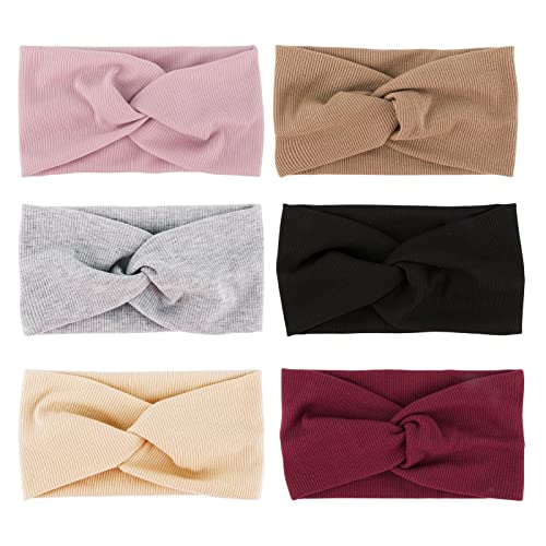 JNCH 6pcs Bandas de Pelo Mujer, Venda de Pelo Elástica Nudo, Turbantes Mujer, Cinta para Pelo de Cabeza de Algodón, Diademas de Mujer de Nudo, 10.5cm*19cm, 6 Colores Variados