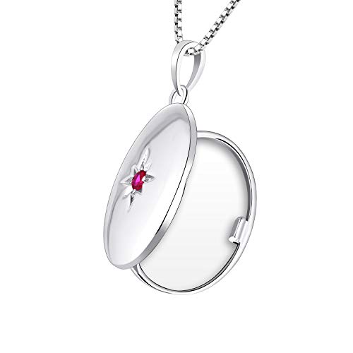 JO WISDOM Collar de Foto Medallón Plata de Ley 925 Mujer, Collar de Estrella Polar Joyas 3A Circonita Piedra de nacimiento de Julio color Rubí,Joyas para Mujeres Niña Mamá