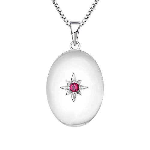 JO WISDOM Collar de Foto Medallón Plata de Ley 925 Mujer, Collar de Estrella Polar Joyas 3A Circonita Piedra de nacimiento de Julio color Rubí,Joyas para Mujeres Niña Mamá