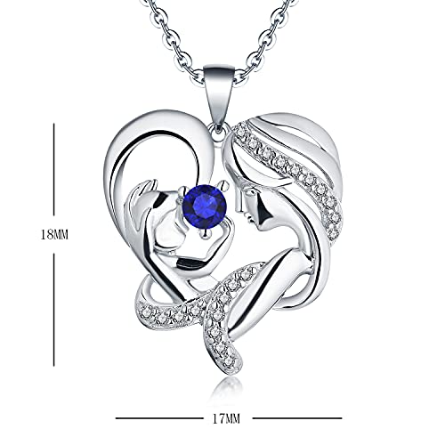 JO WISDOM Mujer Collar Plata de Ley 925,Colgante con Cadena Madre Hija Amor Corazon con 3A Circonita Piedra de nacimiento de Septiembre Color Zafiro,Regalo para Mamá Mujer Niña