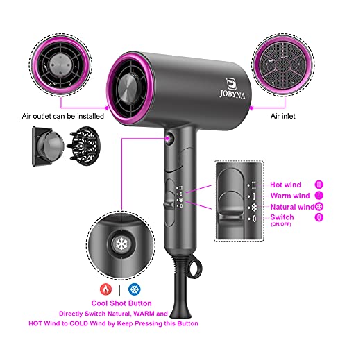 JOBYNA Secador Pelo Profesional, Secadores de Pelo Iónico 1800W, Hair Dryer de Secado Rápido 3 Calor, 2 Velocidades y Botón Cool con Difusor, Concentradora y Bolsa de Almacenamiento para Viaje, Hogar