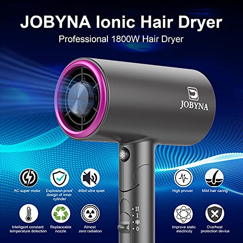 JOBYNA Secador Pelo Profesional, Secadores de Pelo Iónico 1800W, Hair Dryer de Secado Rápido 3 Calor, 2 Velocidades y Botón Cool con Difusor, Concentradora y Bolsa de Almacenamiento para Viaje, Hogar