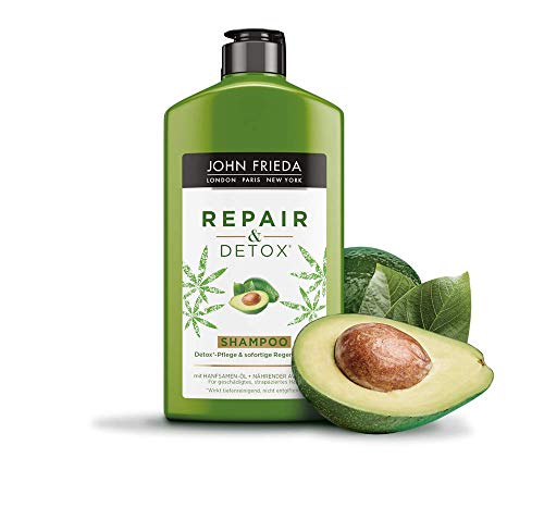 John Frieda Repair & Detox Champú – con aceite de aguacate y té verde – para cabello strapaziertes, 250 ml