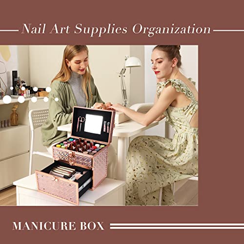Joligrace Maletín Maquillaje Maletín de Uñas Profesional Estuche de Maquillaje Caja Maquillaje Maletín Manicura Makeup Case Cosmético Caja de Bellaza con Espejo Cajón y Cerradura, Oro Rosa