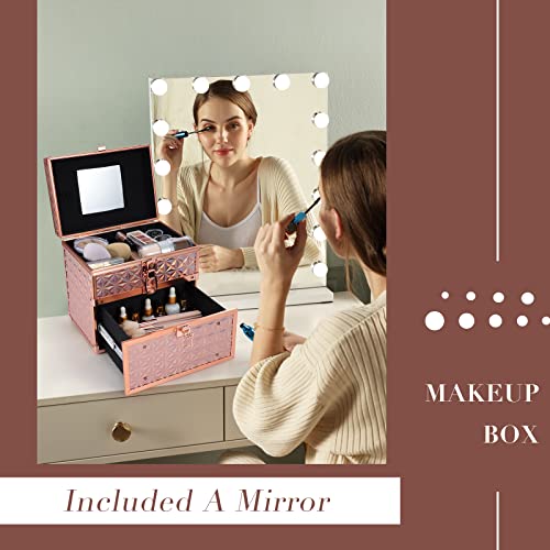 Joligrace Maletín Maquillaje Maletín de Uñas Profesional Estuche de Maquillaje Caja Maquillaje Maletín Manicura Makeup Case Cosmético Caja de Bellaza con Espejo Cajón y Cerradura, Oro Rosa