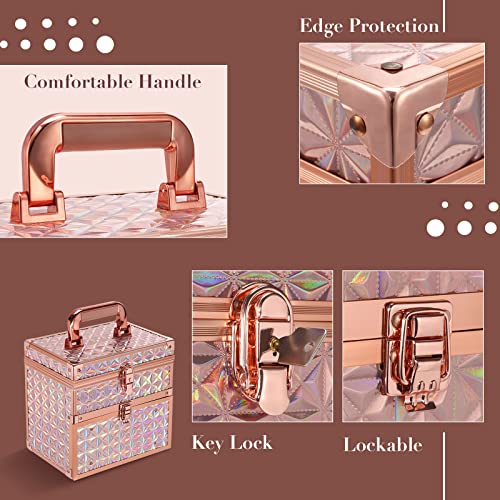 Joligrace Maletín Maquillaje Maletín de Uñas Profesional Estuche de Maquillaje Caja Maquillaje Maletín Manicura Makeup Case Cosmético Caja de Bellaza con Espejo Cajón y Cerradura, Oro Rosa