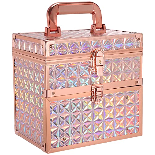 Joligrace Maletín Maquillaje Maletín de Uñas Profesional Estuche de Maquillaje Caja Maquillaje Maletín Manicura Makeup Case Cosmético Caja de Bellaza con Espejo Cajón y Cerradura, Oro Rosa