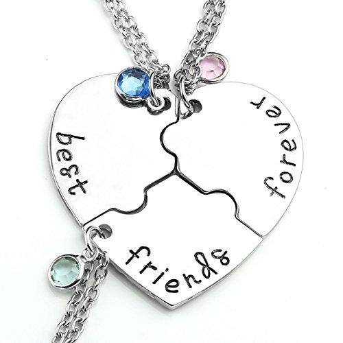 Jovivi - Lote de 3 collares con colgantes de Puzzle de corazón con texto «Best Friends Forever» separables, con pedrería de cristal, de la amistad, de metal de aleación, con 3 cadenas de hierro