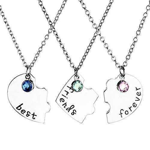 Jovivi - Lote de 3 collares con colgantes de Puzzle de corazón con texto «Best Friends Forever» separables, con pedrería de cristal, de la amistad, de metal de aleación, con 3 cadenas de hierro