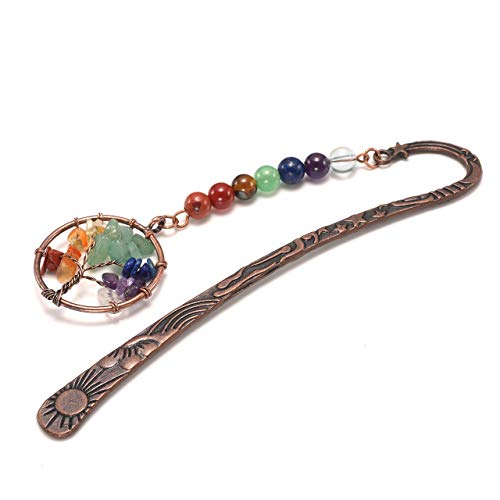 Jovivi - Marcapáginas de metal, diseño vintage de estrella de bronce y luna, incluye 7 chakras de gemas y colgante del árbol de la vida de alambre, unisex, pack de 1 a 10, 1 árbol de la vida.