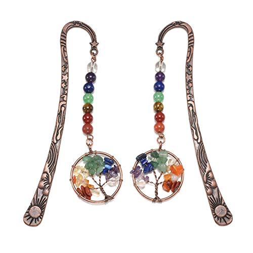 Jovivi - Marcapáginas de metal, diseño vintage de estrella de bronce y luna, incluye 7 chakras de gemas y colgante del árbol de la vida de alambre, unisex, pack de 1 a 10, 1 árbol de la vida.