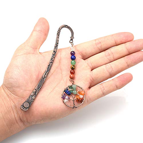 Jovivi - Marcapáginas de metal, diseño vintage de estrella de bronce y luna, incluye 7 chakras de gemas y colgante del árbol de la vida de alambre, unisex, pack de 1 a 10, 1 árbol de la vida.