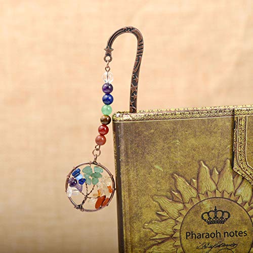 Jovivi - Marcapáginas de metal, diseño vintage de estrella de bronce y luna, incluye 7 chakras de gemas y colgante del árbol de la vida de alambre, unisex, pack de 1 a 10, 1 árbol de la vida.