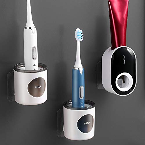 Juego de 2 soportes para cepillos de dientes eléctricos, con 1 dispensador automático de pasta de dientes montado en la pared, exprimidor manos libres, soporte organizador de soporte de pasta de