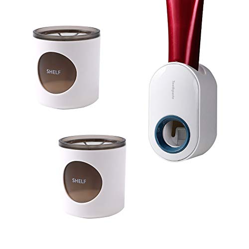 Juego de 2 soportes para cepillos de dientes eléctricos, con 1 dispensador automático de pasta de dientes montado en la pared, exprimidor manos libres, soporte organizador de soporte de pasta de